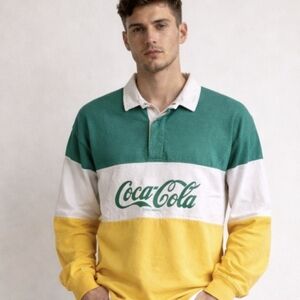 Vintage Coca-Cola Rugby Shirt Green Yellow Colorblock Long Sleeve Polo 90's Sz M